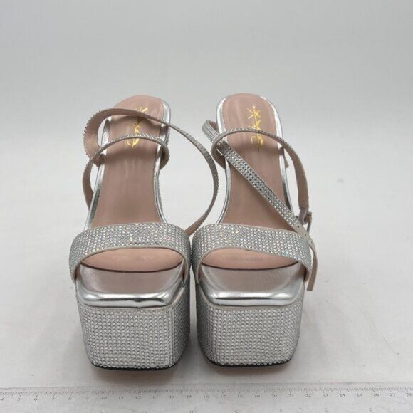 XYD Silver Platform Crystal Block Heels Sandals Open Square Toe Ankle Strap Shoe - Picture 3 of 8